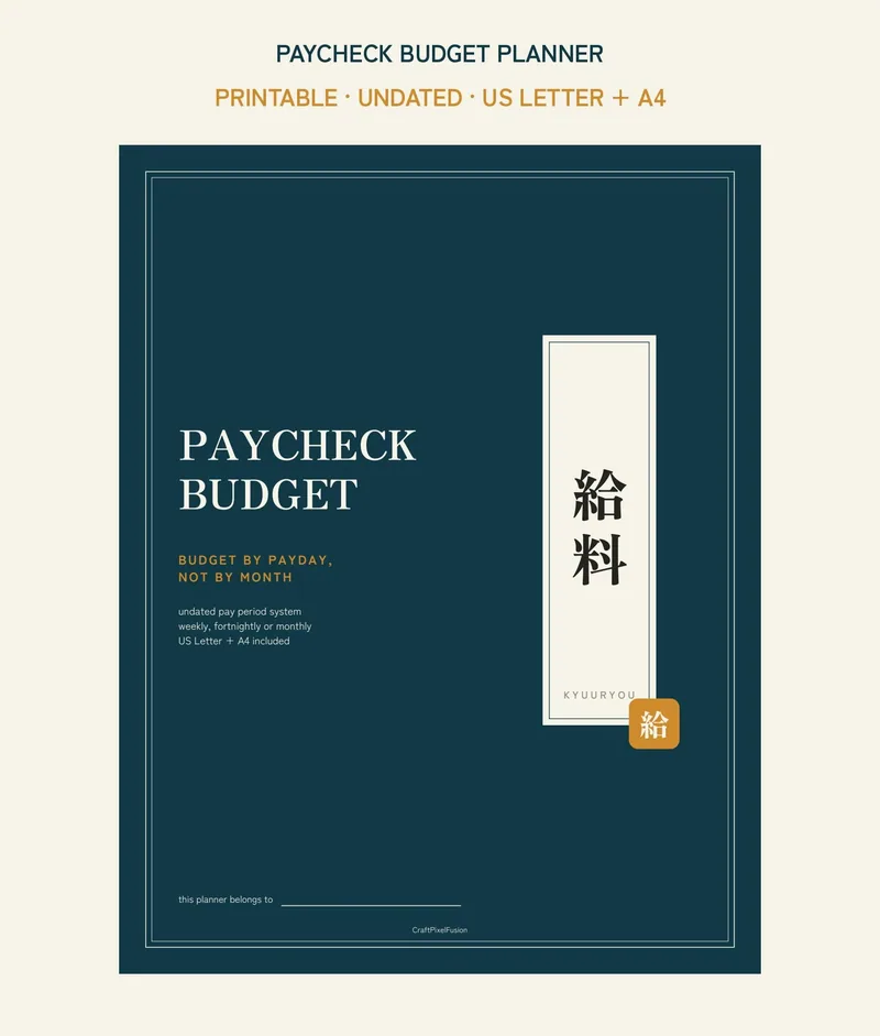 Paycheck Budget Planner Printable, Pay Period Budget by Paycheck PDF, Bill Splitter and Irregular Income Tracker, US Letter A4 shown as a preview of the planner