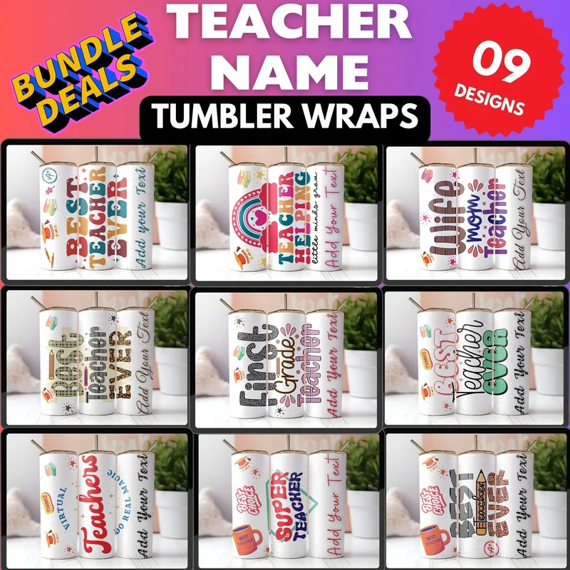 Personalized Teacher Name Tumbler Designs: 20oz Sublimation Bundle shown flat as a tumbler wrap