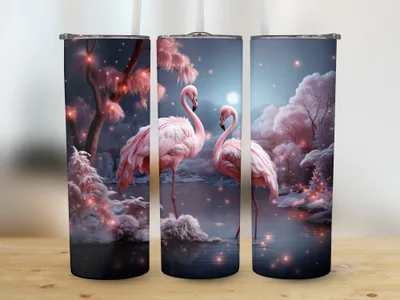 Pink Christmas Flamingo Tumbler Sublimation Design: 20 oz Skinny Wrap shown flat as a tumbler wrap