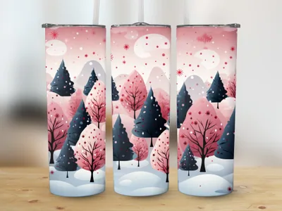Pink Christmas Trees Tumbler Sublimation Design: 20 oz Skinny Wrap shown flat as a tumbler wrap