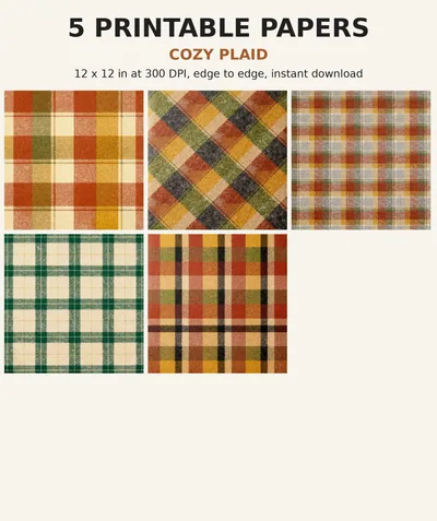 Plaid Digital Paper Pack, 5 Cozy Fall Scrapbook Papers, 12x12 Printable Buffalo Check Tartan Flannel, Autumn Junk Journal JPG shown as a preview of the paper pack