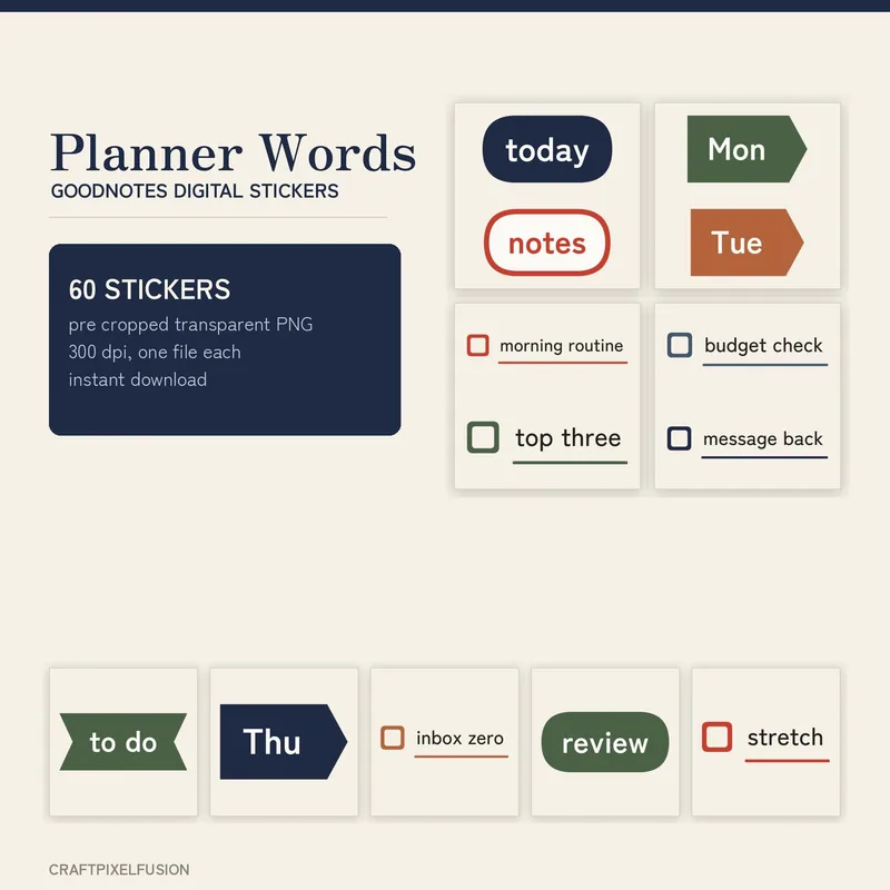Planner Words Digital Stickers, 60 Pre Cropped Goodnotes Stickers, Transparent PNG Planner Stickers for iPad and Tablet, Instant Download shown flat as a tumbler wrap