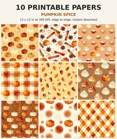 Pumpkin Spice Digital Paper Pack, 10 Fall Scrapbook Papers, 12x12 Printable Pumpkins Cinnamon Latte Plaid, Autumn Junk Journal JPG shown as a preview of the paper pack
