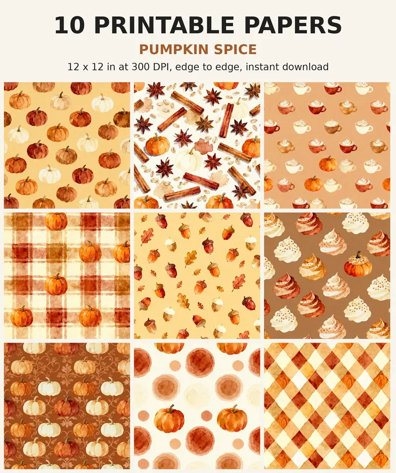 Pumpkin Spice Digital Paper Pack, 10 Fall Scrapbook Papers, 12x12 Printable Pumpkins Cinnamon Latte Plaid, Autumn Junk Journal JPG shown as a preview of the paper pack