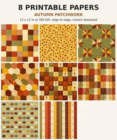 Quilt Digital Paper Pack, 8 Autumn Patchwork Scrapbook Papers, 12x12 Printable Fall Calico Gingham Stitched Blocks, Junk Journal JPG shown as a preview of the paper pack