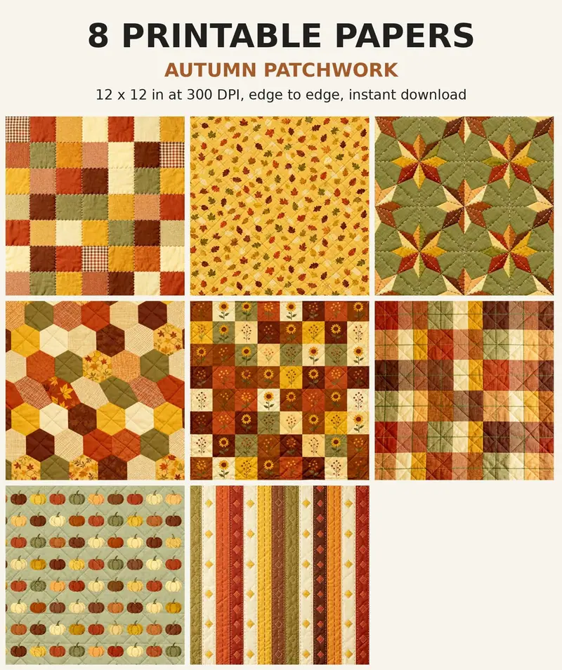 Quilt Digital Paper Pack, 8 Autumn Patchwork Scrapbook Papers, 12x12 Printable Fall Calico Gingham Stitched Blocks, Junk Journal JPG shown as a preview of the paper pack