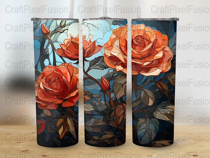 Red Roses Tumbler Sublimation Design: Straight & Tapered 20 oz Skinny Wrap shown flat as a tumbler wrap