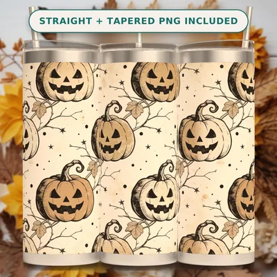 Retro Halloween Tumbler Wrap PNG Seamless, Hand Drawn Jack O Lanterns on Faded Bone, 20oz Skinny Sublimation Download shown flat as a tumbler wrap