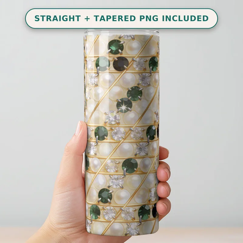 Rhinestone Gem Tumbler Wrap PNG Seamless, Emerald Jet Pearl and Diamond Paving on Gold, 20oz Skinny Sublimation Download shown flat as a tumbler wrap