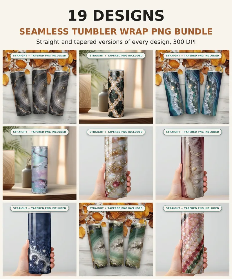 Rhinestone Geode Tumbler Wrap PNG Bundle, 19 Seamless 20oz Sublimation Designs, Glitter Agate Marble Holographic Luxe Pack shown flat as a tumbler wrap