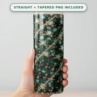 Rhinestone Tumbler Wrap PNG, Emerald Jet Gem Mosaic Bling, Seamless Diagonal Rhinestone Pattern, 20 oz Skinny Tumbler Sublimation Download shown flat as a tumbler wrap