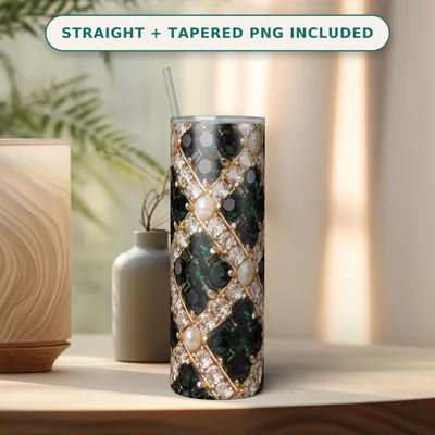 Rhinestone Tumbler Wrap PNG, Emerald Jet Gem Mosaic Seamless Pattern, Pearl and Crystal Bling Design, 20 oz Skinny Straight Wrap Download shown flat as a tumbler wrap