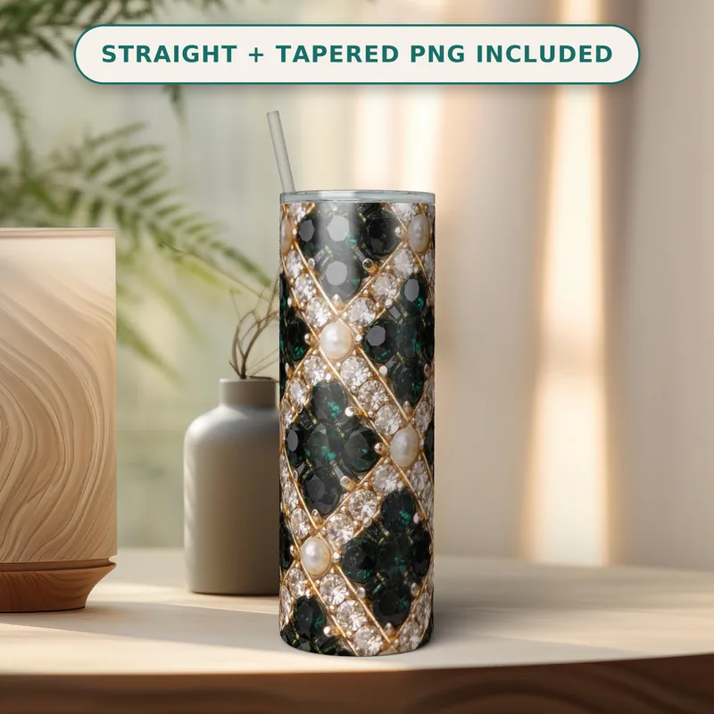 Rhinestone Tumbler Wrap PNG, Emerald Jet Gem Mosaic Seamless Pattern, Pearl and Crystal Bling Design, 20 oz Skinny Straight Wrap Download shown flat as a tumbler wrap