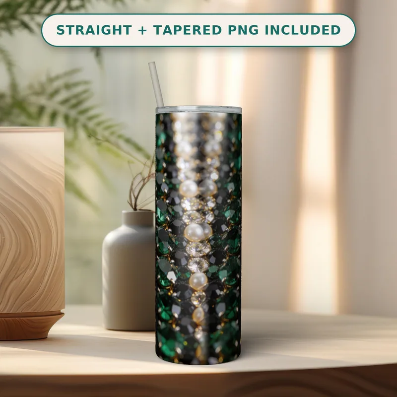 Rhinestone Tumbler Wrap PNG Seamless, Emerald and Jet Black Paved Crystals with Gold, 20oz Skinny Sublimation Download shown flat as a tumbler wrap