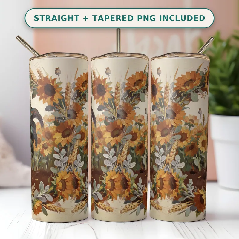 Rooster Farm Tumbler Wrap PNG, Copper Teal Barnwood Painterly Rooster Sunflower Wreath, Seamless 20oz Skinny Straight Wrap, Download shown flat as a tumbler wrap