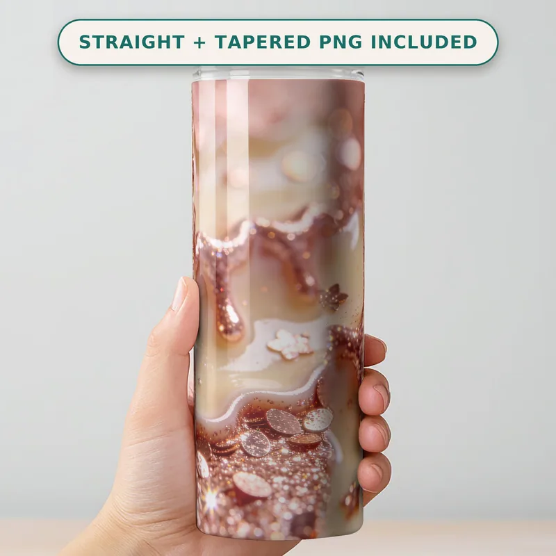 Rose Gold Glitter Tumbler Wrap PNG Seamless, Sparkle Drip on Cream with Stars and Sequins, 20oz Skinny Sublimation Download shown flat as a tumbler wrap