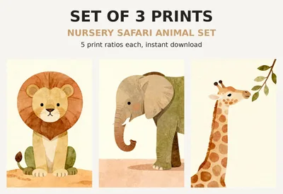 Safari Nursery Print Set of 3, Printable Wall Art, Baby Lion Elephant Giraffe Illustrations, Kids Room Decor Digital Download shown as a preview of the print set