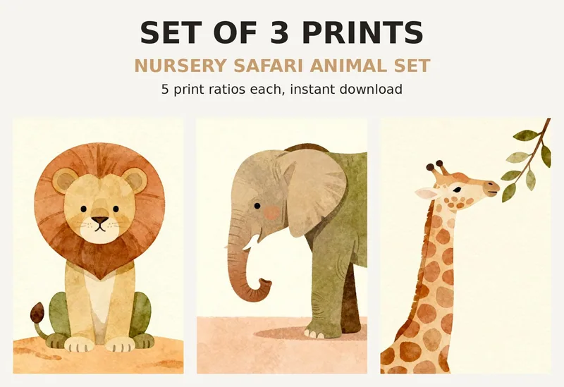Safari Nursery Print Set of 3, Printable Wall Art, Baby Lion Elephant Giraffe Illustrations, Kids Room Decor Digital Download shown as a preview of the print set