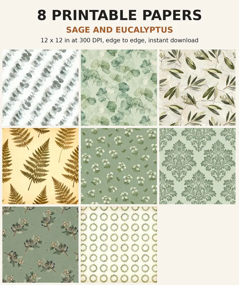 Sage Digital Paper Pack, 10 Eucalyptus Scrapbook Papers, 12x12 Printable Greenery Botanical Wedding, Neutral Junk Journal JPG shown as a preview of the paper pack