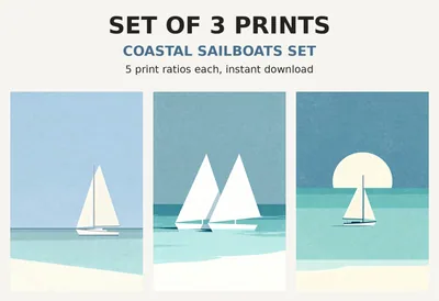 Sailboat Print Set of 3, Printable Wall Art, Minimalist Coastal Boat Ocean Illustrations, Nautical Bathroom Nursery Decor Download shown as a preview of the print set
