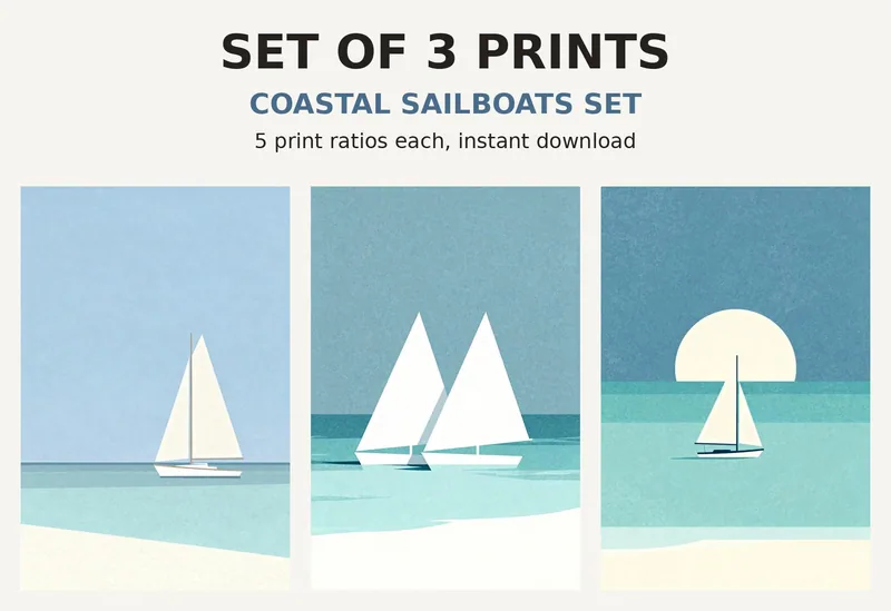 Sailboat Print Set of 3, Printable Wall Art, Minimalist Coastal Boat Ocean Illustrations, Nautical Bathroom Nursery Decor Download shown as a preview of the print set