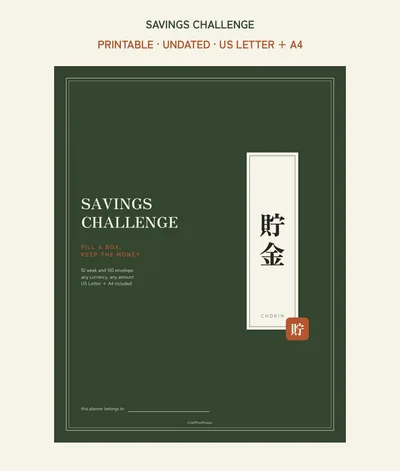 Savings Challenge Printable, 52 Week and 100 Envelope Money Saving Tracker PDF, Kakeibo Style Budget Binder, US Letter A4 shown as a preview of the planner