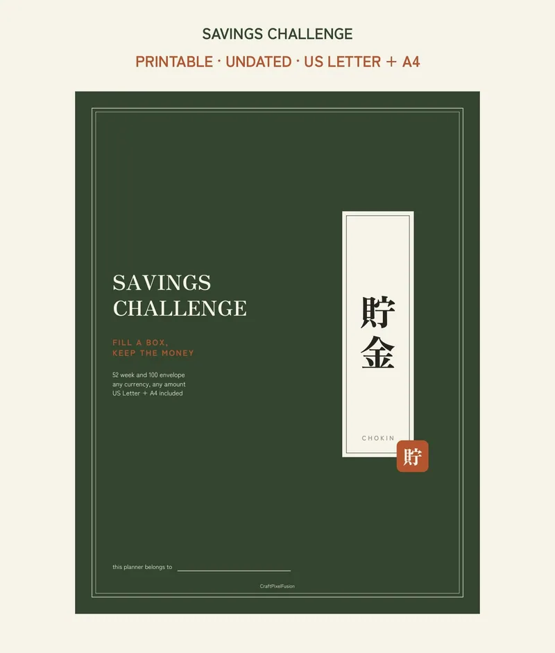 Savings Challenge Printable, 52 Week and 100 Envelope Money Saving Tracker PDF, Kakeibo Style Budget Binder, US Letter A4 shown as a preview of the planner