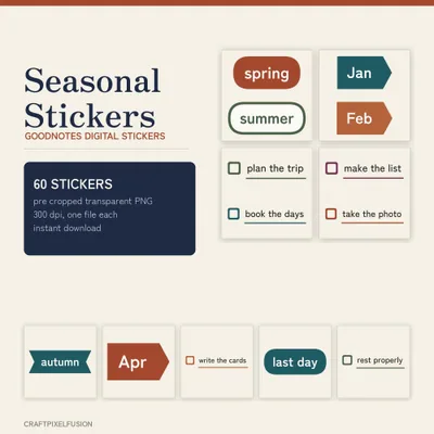 Seasonal Digital Stickers, 60 Pre Cropped Goodnotes Stickers, Transparent PNG Month and Holiday Planner Stickers for iPad, Instant Download shown flat as a tumbler wrap