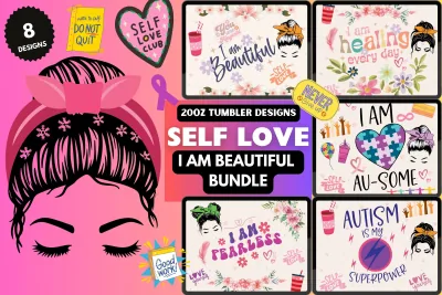 Self Love Tumbler Designs: Autism Awareness PNG Bundle shown flat as a tumbler wrap