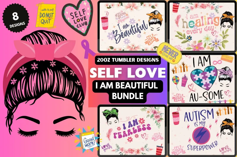 Self Love Tumbler Designs: Autism Awareness PNG Bundle shown flat as a tumbler wrap