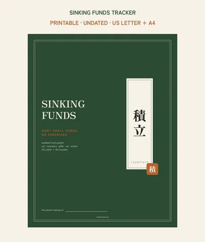 Sinking Funds Tracker Printable, Named Savings Fund Planner PDF, Car Insurance Gifts Vet School Cost Log, Budget Binder US Letter A4 shown as a preview of the planner
