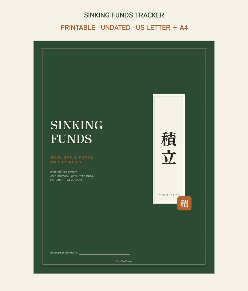 Sinking Funds Tracker Printable, Named Savings Fund Planner PDF, Car Insurance Gifts Vet School Cost Log, Budget Binder US Letter A4 shown as a preview of the planner