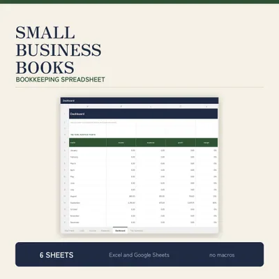 Small Business Bookkeeping Spreadsheet for Excel and Google Sheets, Income and Expense Tracker, Profit and Loss Dashboard shown as a preview of the planner