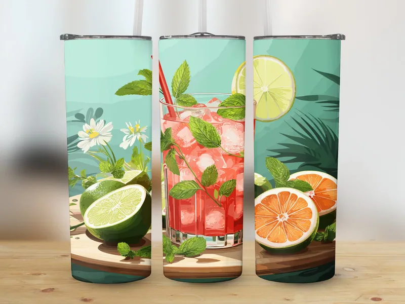Spicy Watermelon Mint Agua Fresca Tumbler Sublimation Design (20 oz, Straight & Tapered) shown flat as a tumbler wrap