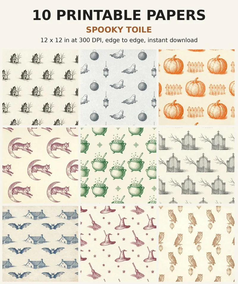 Spooky Toile Digital Paper Pack, 10 Halloween Scrapbook Papers, 12x12 Printable Haunted House Ghost Pumpkin, Junk Journal JPG shown as a preview of the paper pack