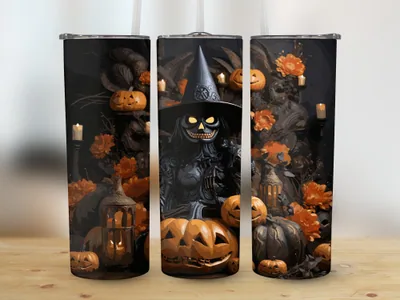 Spooky Witch Pumpkin 20oz Tumbler Sublimation Design shown flat as a tumbler wrap