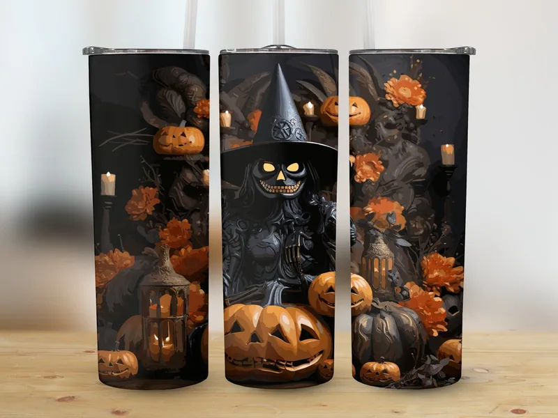 Spooky Witch Pumpkin 20oz Tumbler Sublimation Design shown flat as a tumbler wrap