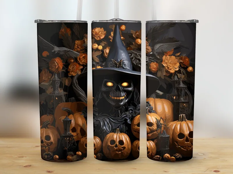 Spooky Witch Pumpkin 20oz Tumbler Sublimation Design shown flat as a tumbler wrap