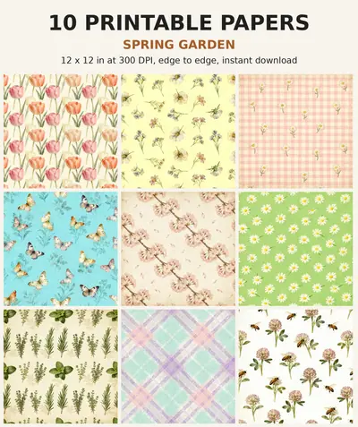 Spring Digital Paper Pack, 10 Floral Scrapbook Papers, 12x12 Printable Tulips Blossom Gingham Garden, Easter Junk Journal JPG shown as a preview of the paper pack