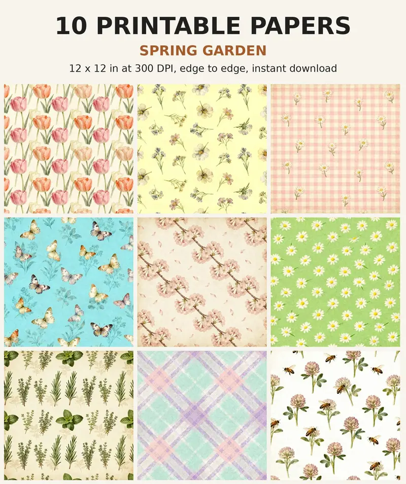 Spring Digital Paper Pack, 10 Floral Scrapbook Papers, 12x12 Printable Tulips Blossom Gingham Garden, Easter Junk Journal JPG shown as a preview of the paper pack