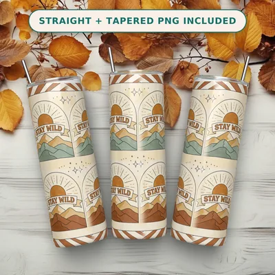 Stay Wild Tumbler Wrap PNG Seamless, Retro Arch Mountain Sunset Repeat in Boho Neutrals, 20oz Skinny Sublimation Download shown flat as a tumbler wrap