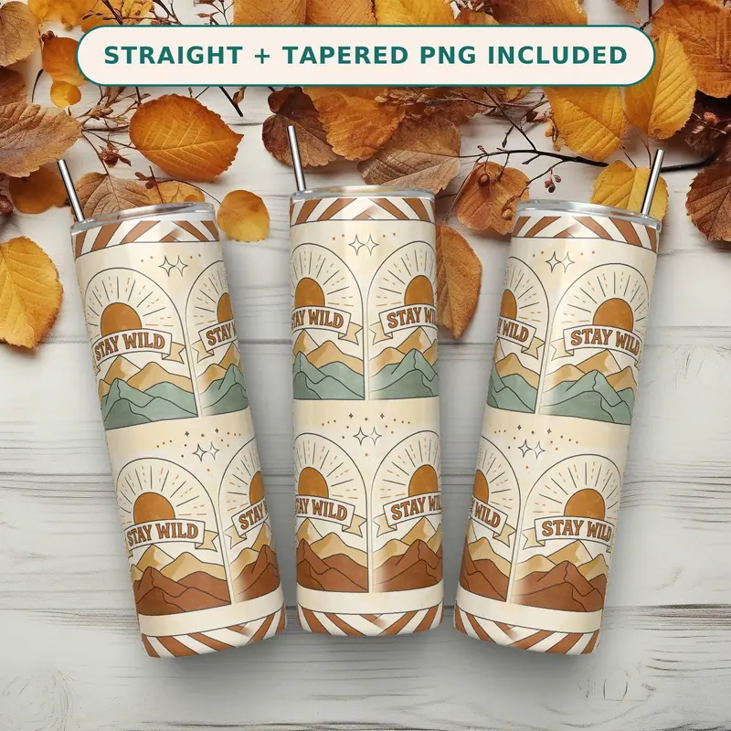 Stay Wild Tumbler Wrap PNG Seamless, Retro Arch Mountain Sunset Repeat in Boho Neutrals, 20oz Skinny Sublimation Download shown flat as a tumbler wrap