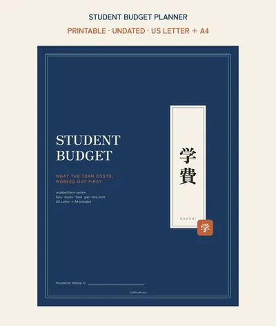Student Budget Planner Printable, College Term Money Tracker PDF, Uni Textbook Cost and Part Time Income Log, Back To School US Letter A4 shown as a preview of the planner