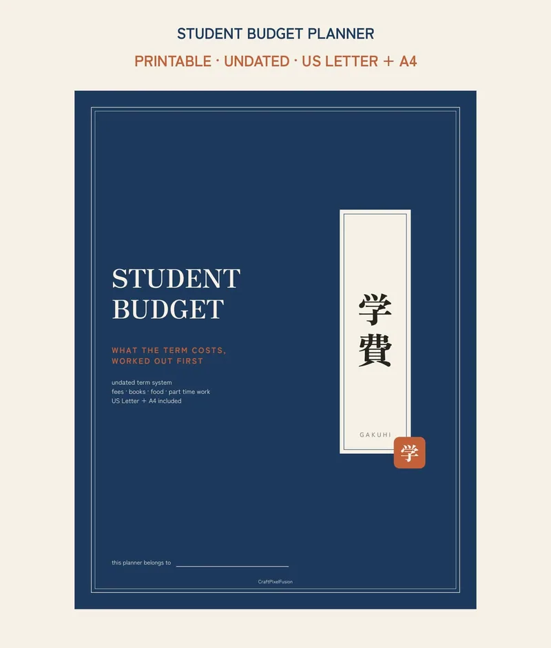 Student Budget Planner Printable, College Term Money Tracker PDF, Uni Textbook Cost and Part Time Income Log, Back To School US Letter A4 shown as a preview of the planner