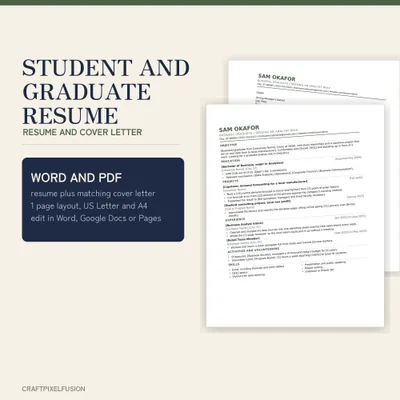 Student Resume Template with Cover Letter, First Job CV for Graduates with No Experience, Editable Word and Google Docs shown as a preview of the printable