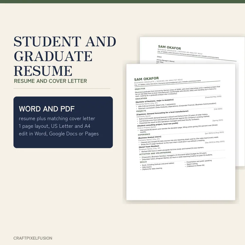 Student Resume Template with Cover Letter, First Job CV for Graduates with No Experience, Editable Word and Google Docs shown as a preview of the printable