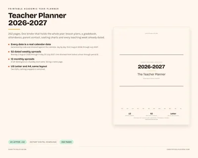 Teacher Planner 2026-2027 Printable Academic Year Lesson Plan Template Gradebook Attendance Teacher Binder PDF US Letter A4 Instant Download shown as a preview of the planner