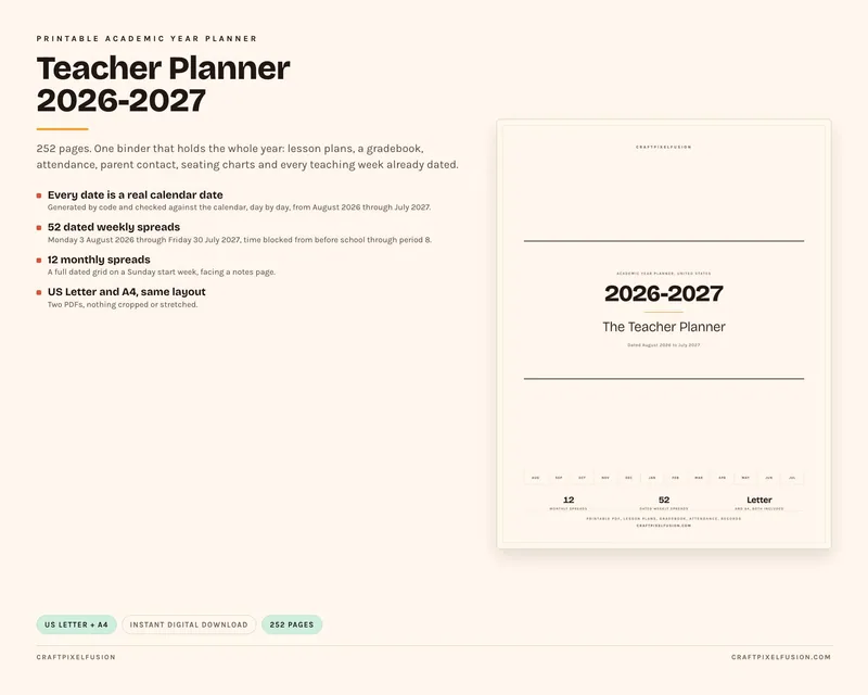 Teacher Planner 2026-2027 Printable Academic Year Lesson Plan Template Gradebook Attendance Teacher Binder PDF US Letter A4 Instant Download shown as a preview of the planner
