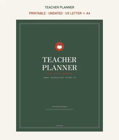 Teacher Planner Printable, Weekly Lesson Plan and Grade Tracker PDF, Substitute Notes Parent Contact Log, Undated US Letter A4 shown as a preview of the planner