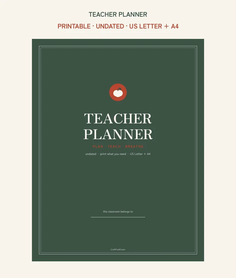 Teacher Planner Printable, Weekly Lesson Plan and Grade Tracker PDF, Substitute Notes Parent Contact Log, Undated US Letter A4 shown as a preview of the planner